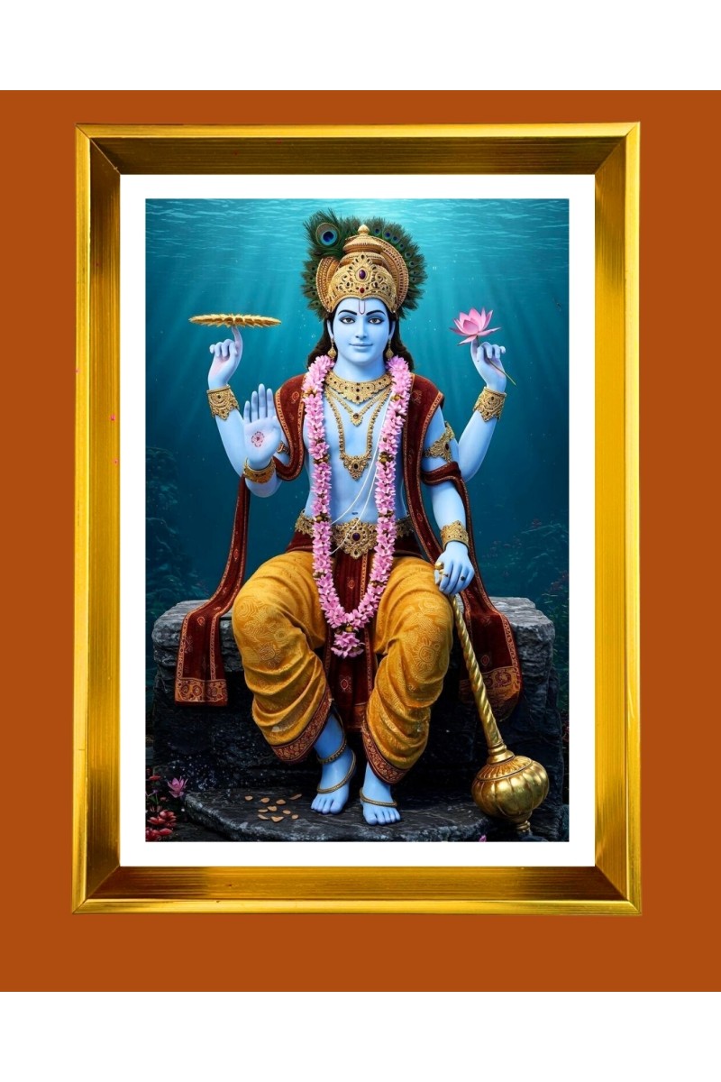 Lord Vishnu Golden Photo Frame - 10x14 Inches | Elegant Wooden Frame for Home, Office & Temple Decoration | Spiritual Wall & Table Decor and Gift Item