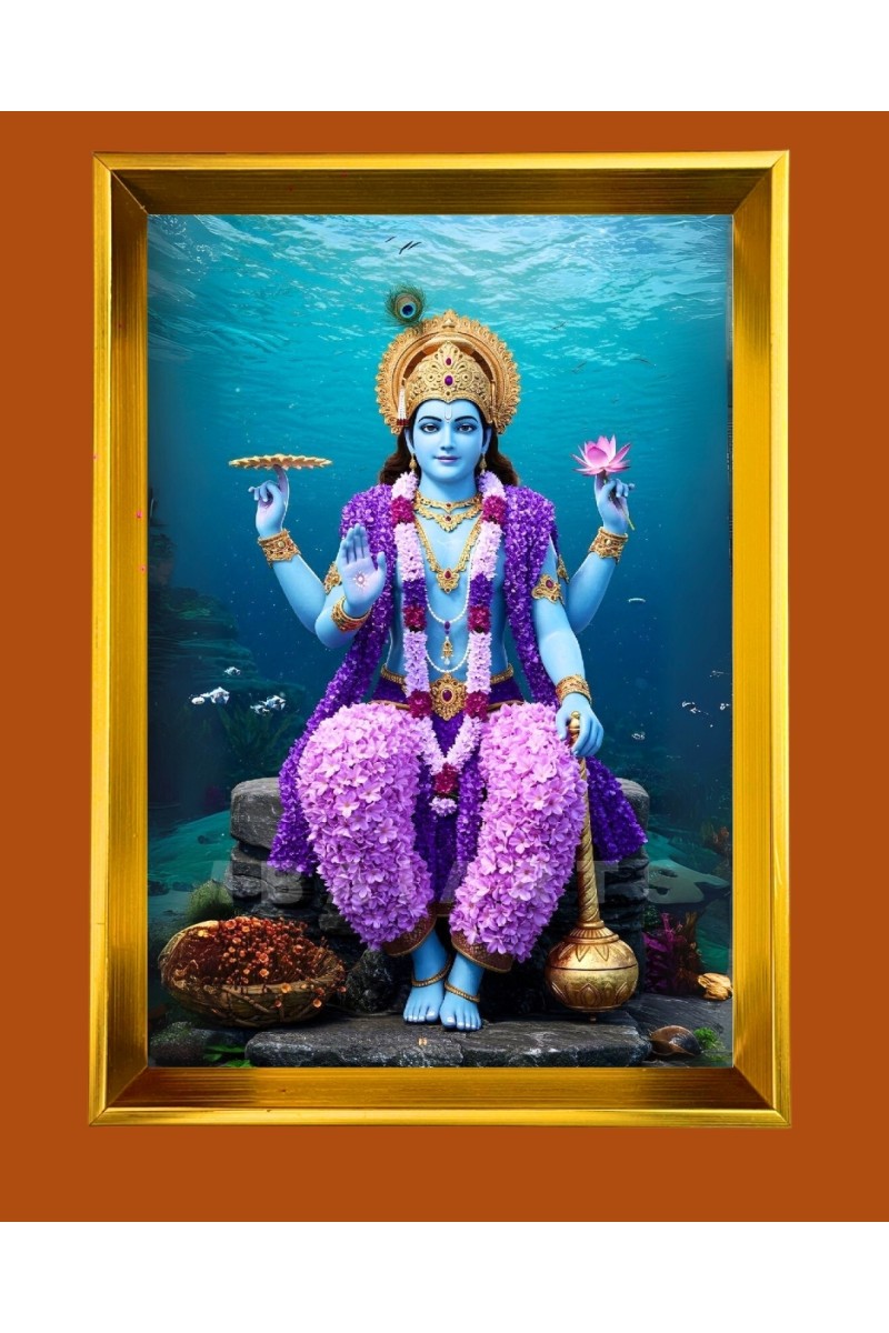 Lord Vishnu Golden Photo Frame - 10x14 Inches | Elegant Wooden Frame for Home, Office & Temple Decoration | Spiritual Wall & Table Decor and Gift Item