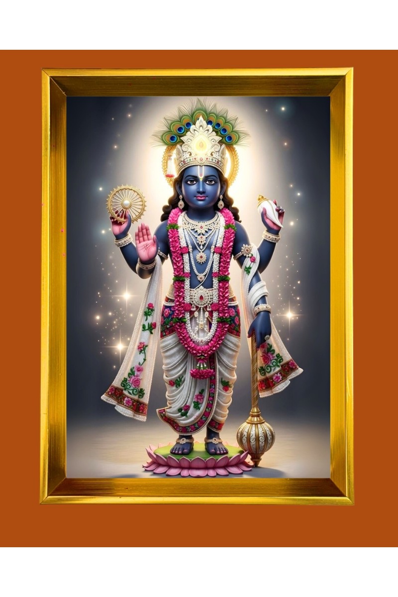 Lord Krishna Golden Photo Frame - 10x14 Inches | Elegant Wooden Frame for Home, Office & Temple Decoration | Spiritual Wall & Table Decor and Gift Item