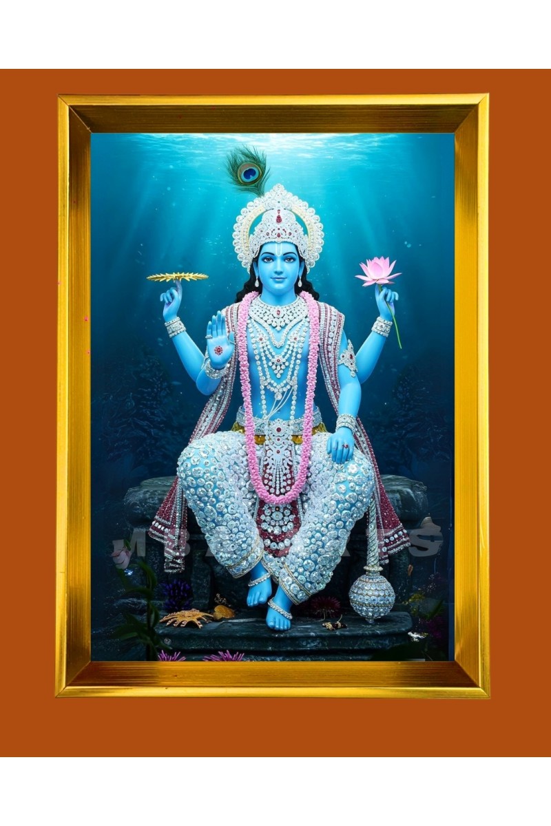Lord Vishnu Golden Photo Frame - 10x14 Inches | Elegant Wooden Frame for Home, Office & Temple Decoration | Spiritual Wall & Table Decor and Gift Item
