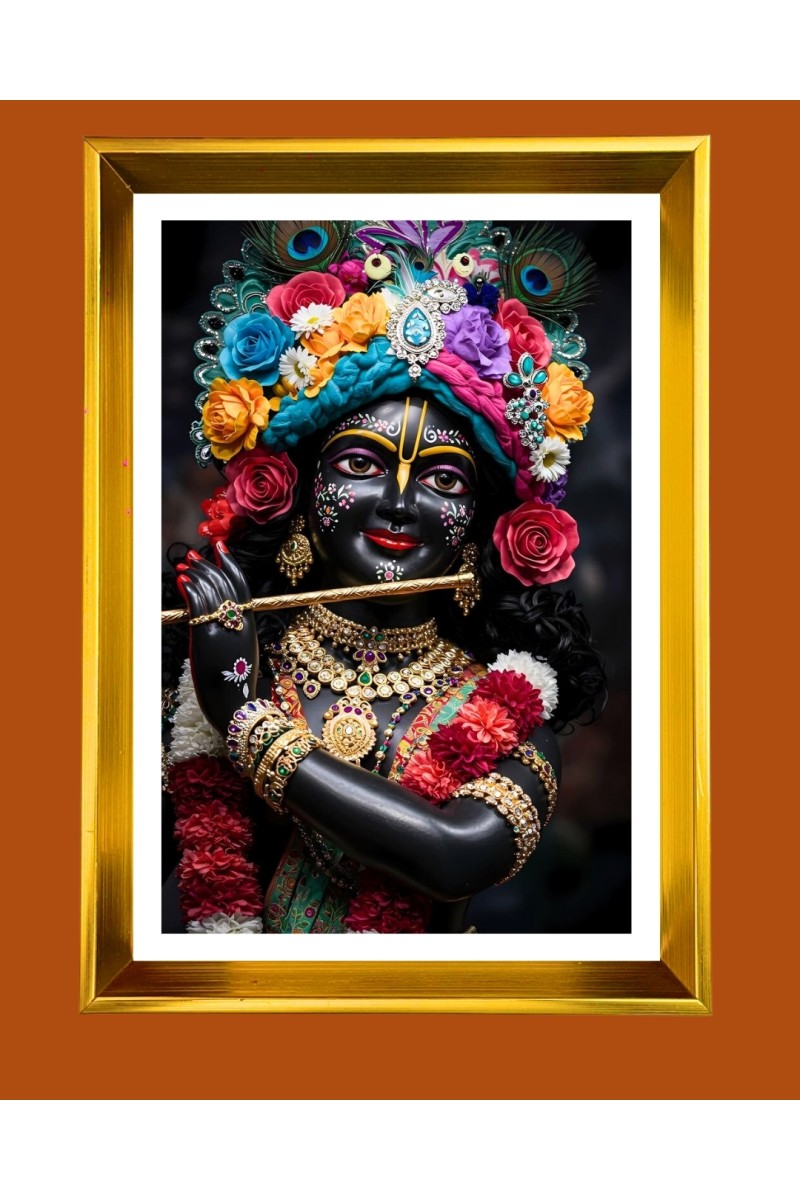 Divine Krishna Golden Photo Frame - 10x14 Inches | Elegant Wooden Frame for Home, Office & Temple Decoration | Spiritual Wall & Table Decor and Gift Item