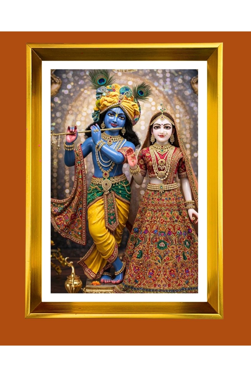 Divine Radha and Krishna Golden Photo Frame - 10x14 Inches | Elegant Wooden Frame for Home, Office & Temple Decoration | Spiritual Wall & Table Decor and Gift Item