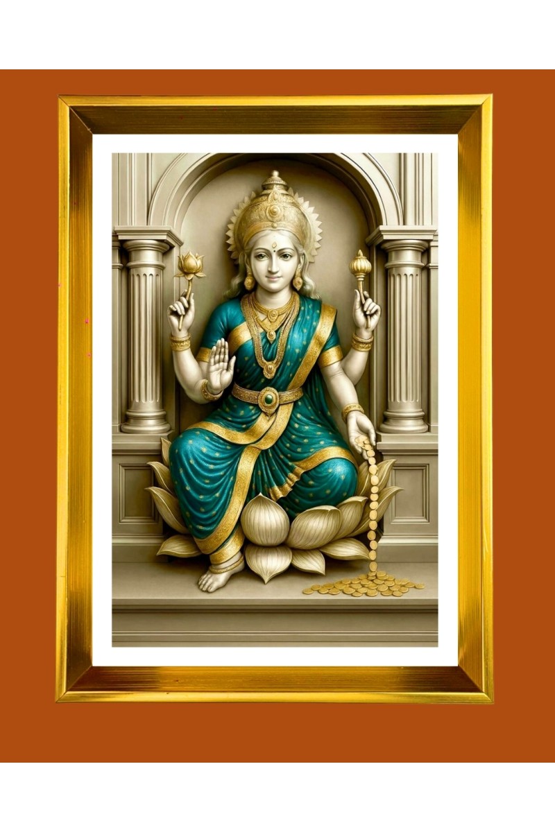 Maa Laxmi Golden Photo Frame - 10x14 Inches | Elegant Wooden Frame for Home, Office & Temple Decoration | Spiritual Wall & Table Decor and Gift Item