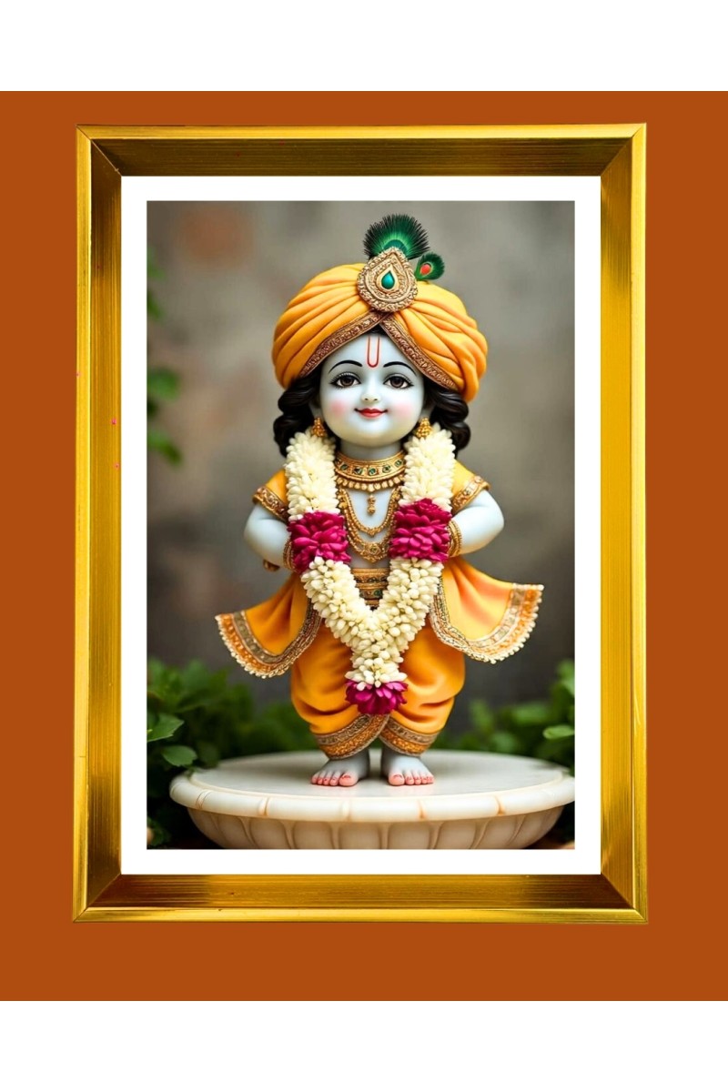 Cute Baby Krishna Golden Photo Frame - 10x14 Inches | Elegant Wooden Frame for Home, Office & Temple Decoration | Spiritual Wall & Table Decor and Gift Item