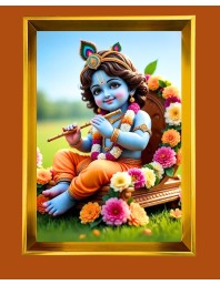 Little kirishna Golden Photo Frame - 10x14 Inches | Elegant Wooden Frame for Home, Office & Temple Decoration | Spiritual Wall & Table Decor and Gift Item