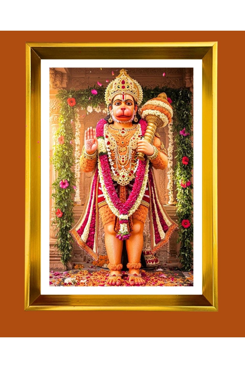 Lord Hanuman Golden Photo Frame - 10x14 Inches | Elegant Wooden Frame for Home, Office & Temple Decoration | Spiritual Wall & Table Decor and Gift Item