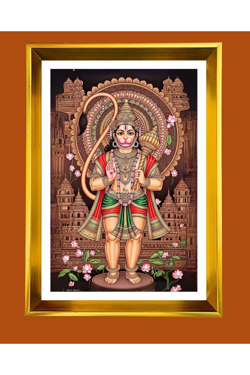 Lord Hanuman Golden Photo Frame - 10x14 Inches | Elegant Wooden Frame for Home, Office & Temple Decoration | Spiritual Wall & Table Decor and Gift Item