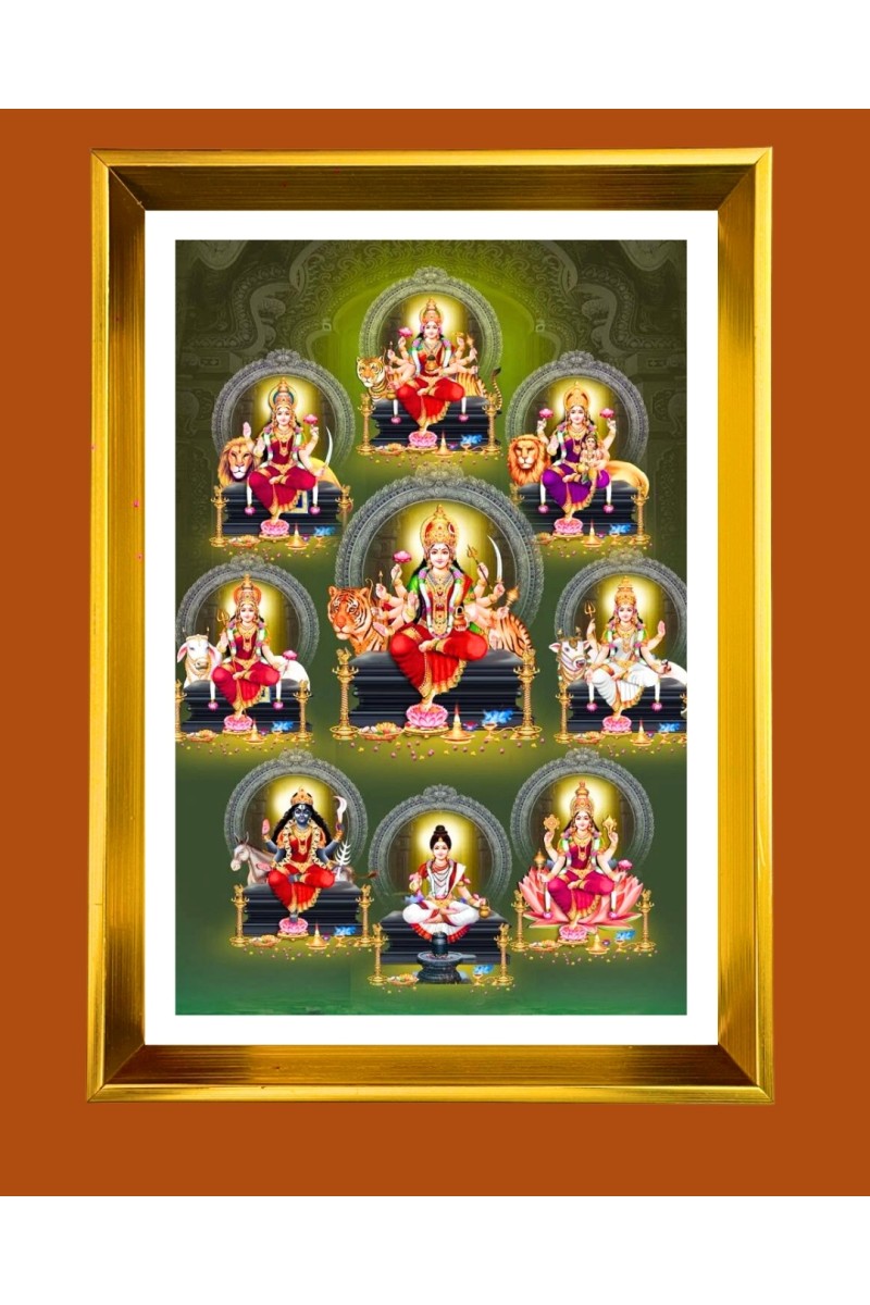 Nava Durga Devi Golden Photo Frame - 10x14 Inches | Elegant Wooden Frame for Home, Office & Temple Decoration | Spiritual Wall & Table Decor and Gift Item