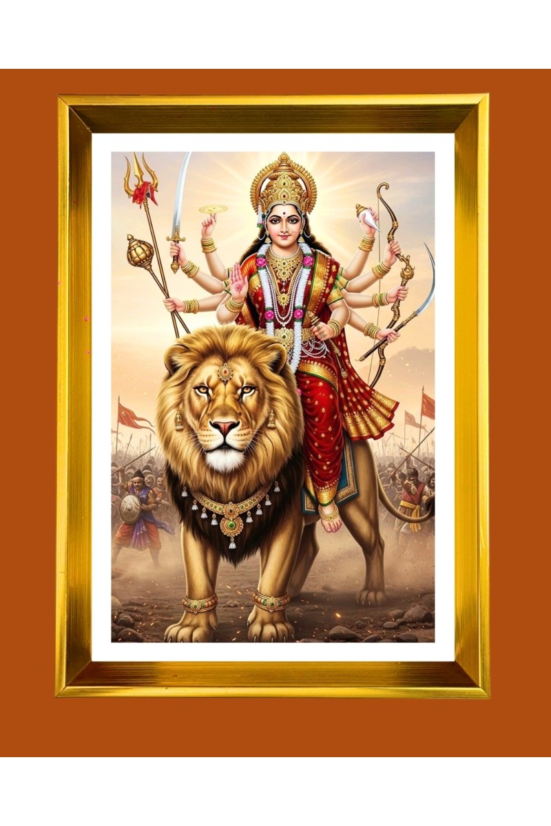 Maa Durga Golden Photo Frame - 10x14 Inches | Elegant Wooden Frame for Home, Office & Temple Decoration | Spiritual Wall & Table Decor and Gift Item
