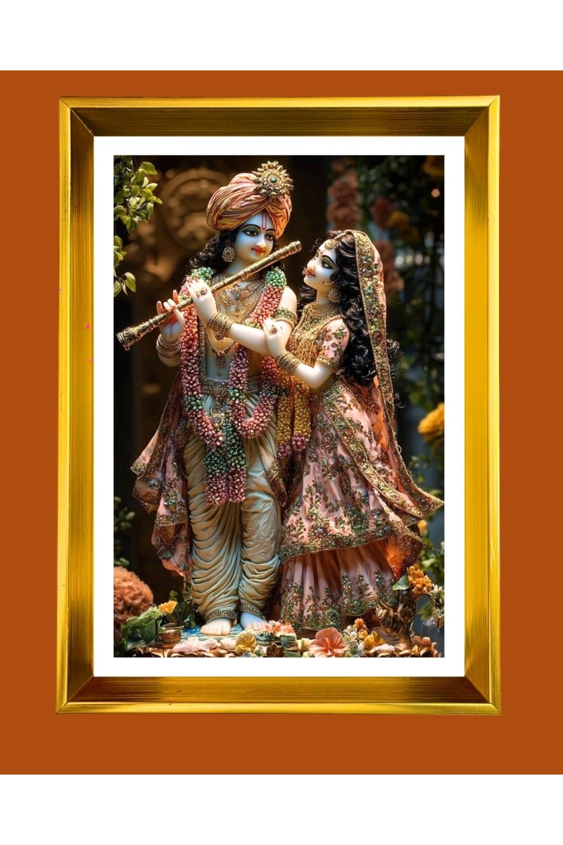 Divine Radha Krishna Golden Photo Frame - 10x14 Inches | Elegant Wooden Frame for Home, Office & Temple Decoration | Spiritual Wall & Table Decor and Gift Item