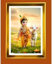 Bal Krishna Golden Photo Frame - 10x14 Inches | Elegant Wooden Frame for Home, Office & Temple Decoration | Spiritual Wall & Table Decor and Gift Item