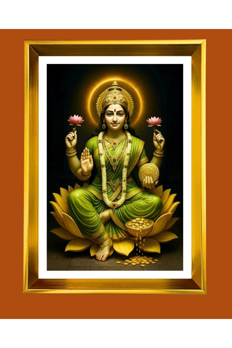 Maa Lakshmi Golden Photo Frame - 10x14 Inches | Elegant Wooden Frame for Home, Office & Temple Decoration | Spiritual Wall & Table Decor and Gift Item