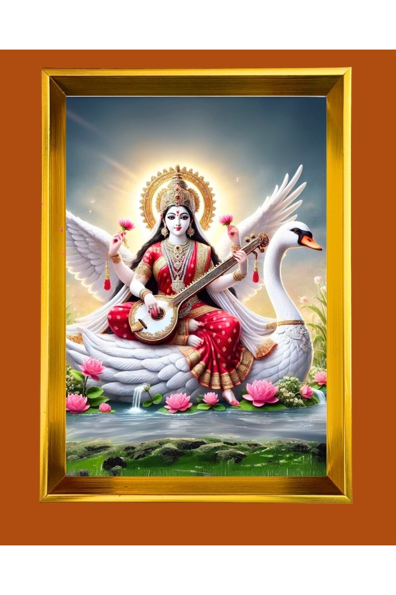 Maa Sraswati Golden Photo Frame - 10x14 Inches | Elegant Wooden Frame for Home, Office & Temple Decoration | Spiritual Wall & Table Decor and Gift Item