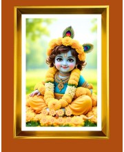 Liitle Baby krishna Golden Photo Frame - 10x14 Inches | Elegant Wooden Frame for Home, Office & Temple Decoration | Spiritual Wall & Table Decor and Gift Item