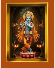 Divine Krishna Golden Photo Frame - 10x14 Inches | Elegant Wooden Frame for Home, Office & Temple Decoration | Spiritual Wall & Table Decor and Gift Item