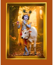 Divine Krishna Golden Photo Frame - 10x14 Inches | Elegant Wooden Frame for Home, Office & Temple Decoration | Spiritual Wall & Table Decor and Gift Item