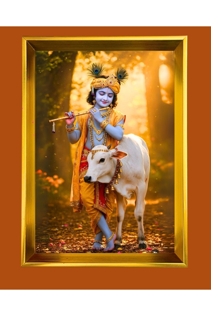 Divine Krishna Golden Photo Frame - 10x14 Inches | Elegant Wooden Frame for Home, Office & Temple Decoration | Spiritual Wall & Table Decor and Gift Item
