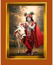 Divine Krishna Golden Photo Frame - 10x14 Inches | Elegant Wooden Frame for Home, Office & Temple Decoration | Spiritual Wall & Table Decor and Gift Item