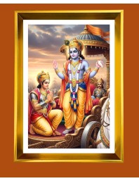 Lord Krishna and Arjun Golden Photo Frame - 10x14 Inches | Elegant Wooden Frame for Home, Office & Temple Decoration | Spiritual Wall & Table Decor and Gift Item