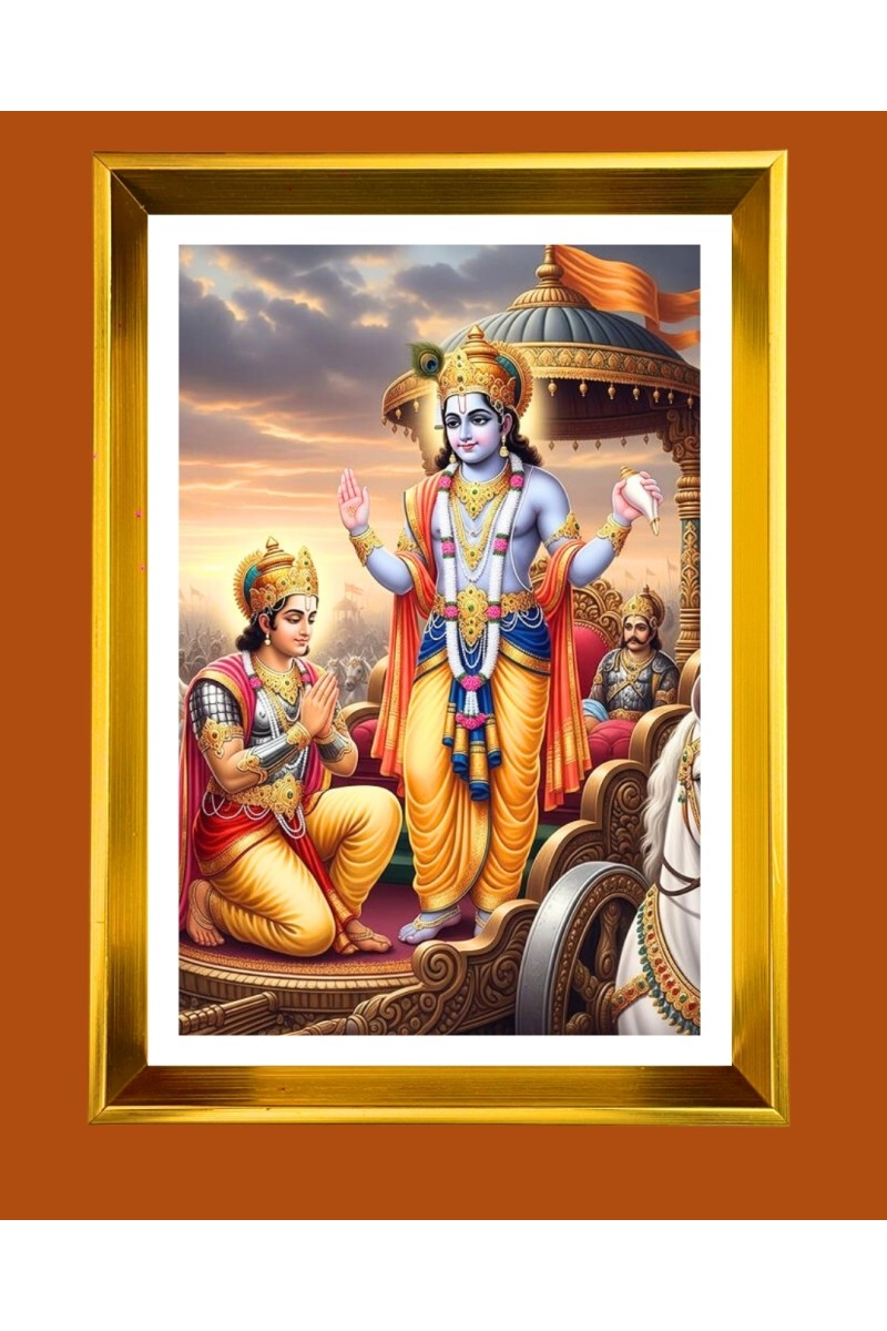 Lord Krishna and Arjun Golden Photo Frame - 10x14 Inches | Elegant Wooden Frame for Home, Office & Temple Decoration | Spiritual Wall & Table Decor and Gift Item