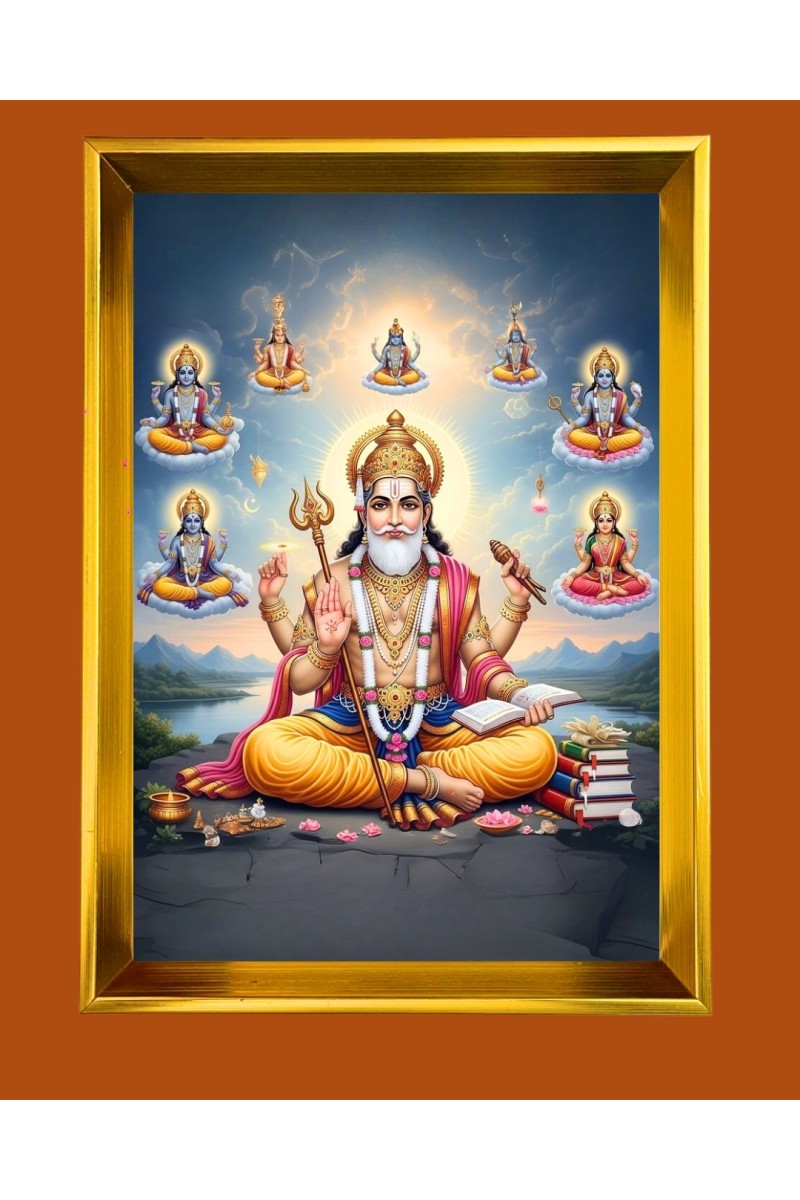 Lord Vishwakarma Golden Photo Frame - 10x14 Inches | Elegant Wooden Frame for Home, Office & Temple Decoration | Spiritual Wall & Table Decor and Gift Item