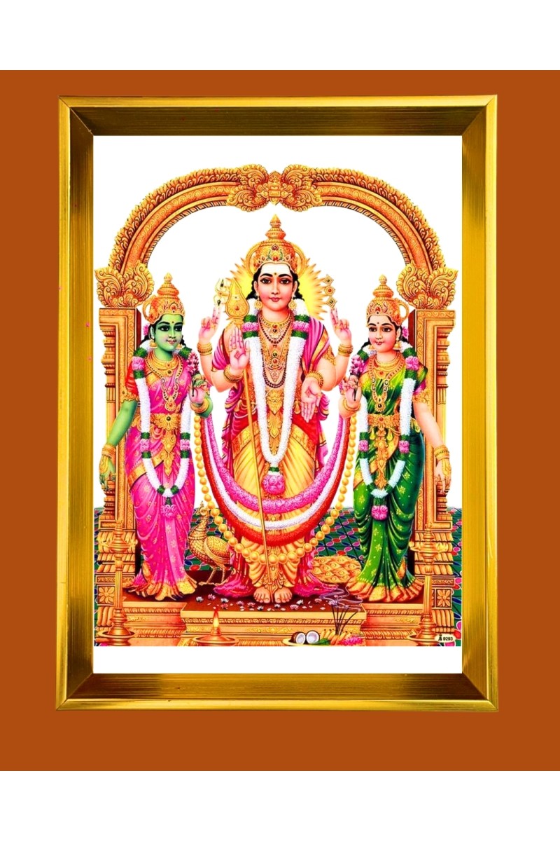 Lord Murugan,Sri Valli and Sri Devasena Golden Photo Frame - 10x14 Inches | Elegant Wooden Frame for Home, Office & Temple Decoration | Spiritual Wall & Table Decor and Gift Item