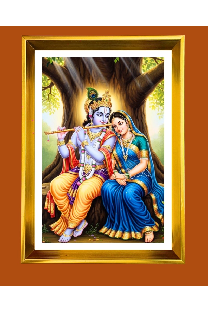 Radha & Krishna Golden Photo Frame - 10x14 Inches | Elegant Wooden Frame for Home, Office & Temple Decoration | Spiritual Wall & Table Decor and Gift Item