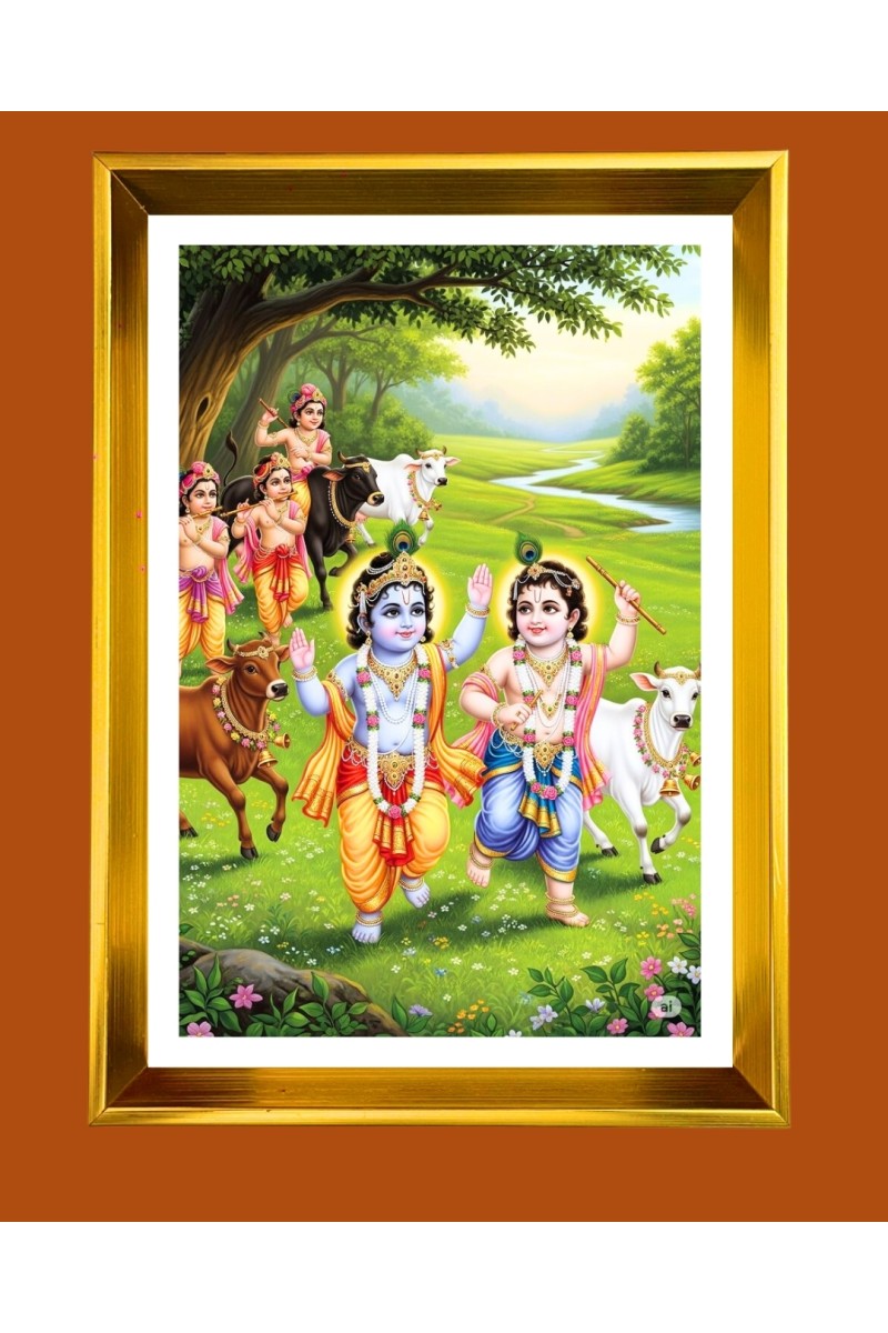 Lord Krishna and Balarama Golden Photo Frame - 10x14 Inches | Elegant Wooden Frame for Home, Office & Temple Decoration | Spiritual Wall & Table Decor and Gift Item