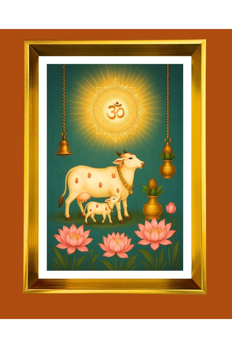  Kamadhenu Golden Photo Frame - 10x14 Inches | Elegant Wooden Frame for Home, Office & Temple Decoration | Spiritual Wall & Table Decor and Gift Item