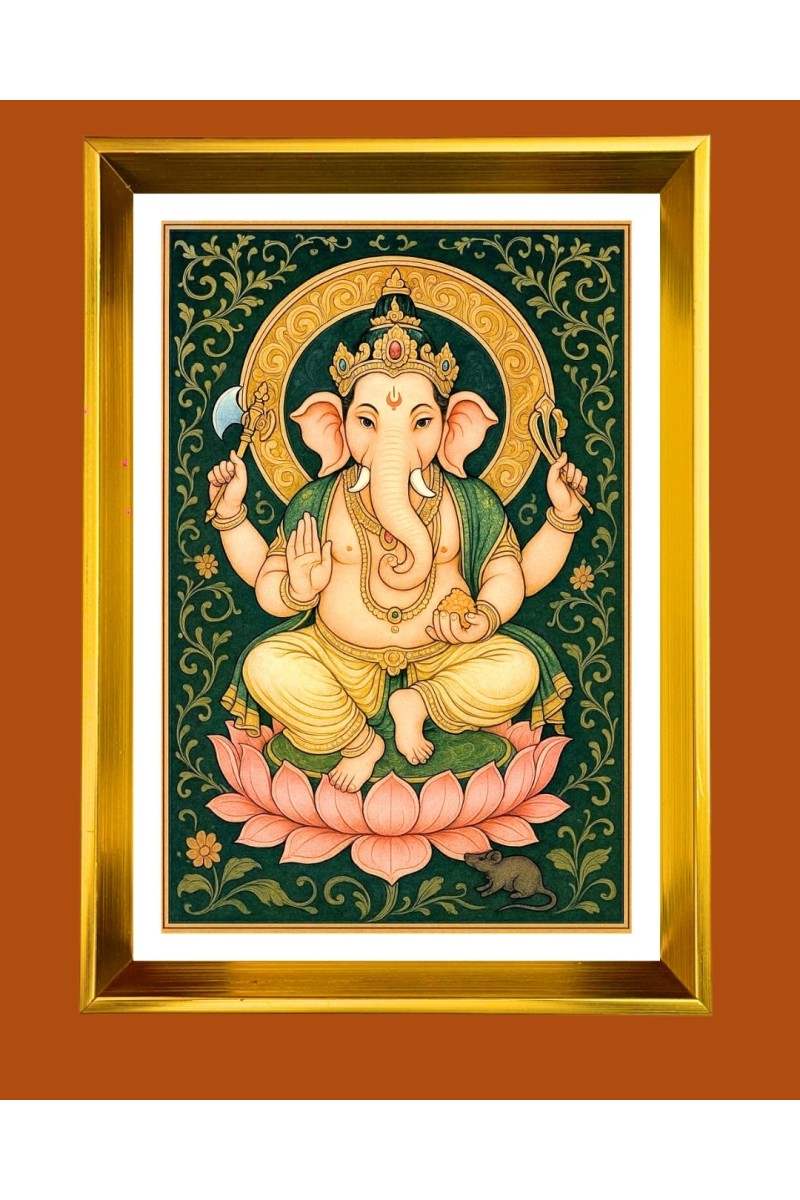 Lord Ganesh Golden Photo Frame - 10x14 Inches | Elegant Wooden Frame for Home, Office & Temple Decoration | Spiritual Wall & Table Decor and Gift Item
