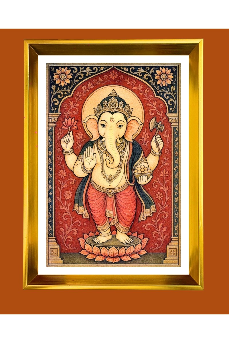 Lord Ganesh Golden Photo Frame - 10x14 Inches | Elegant Wooden Frame for Home, Office & Temple Decoration | Spiritual Wall & Table Decor and Gift Item