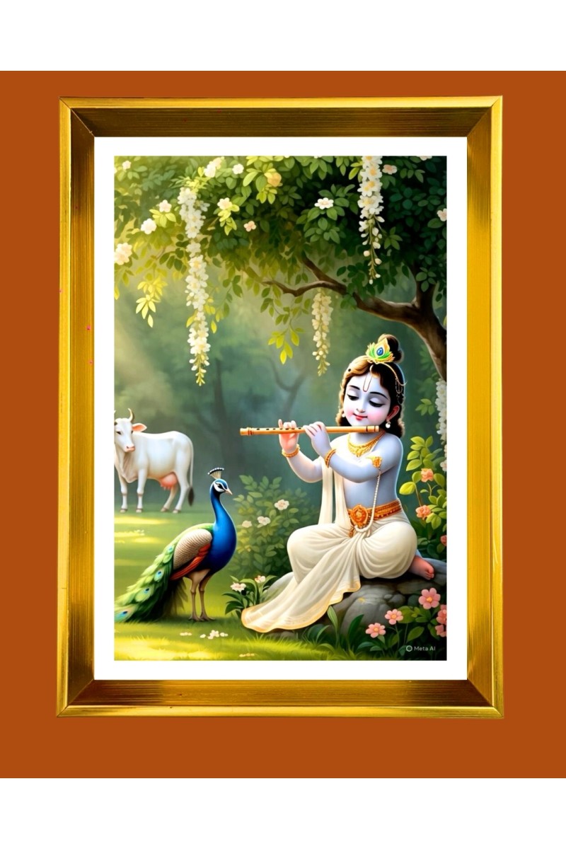 Little Krishna Golden Photo Frame - 10x14 Inches | Elegant Wooden Frame for Home, Office & Temple Decoration | Spiritual Wall & Table Decor and Gift Item