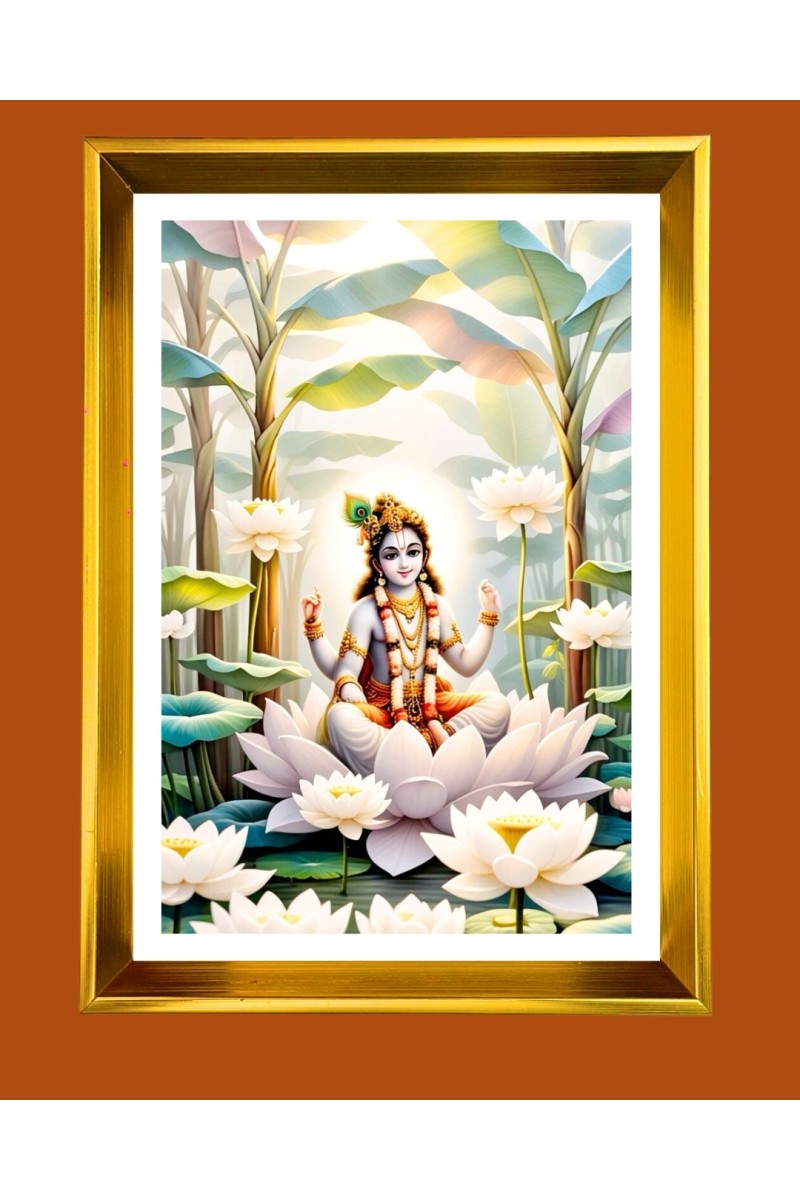 Divine Krishna Golden Photo Frame - 10x14 Inches | Elegant Wooden Frame for Home, Office & Temple Decoration | Spiritual Wall & Table Decor and Gift Item