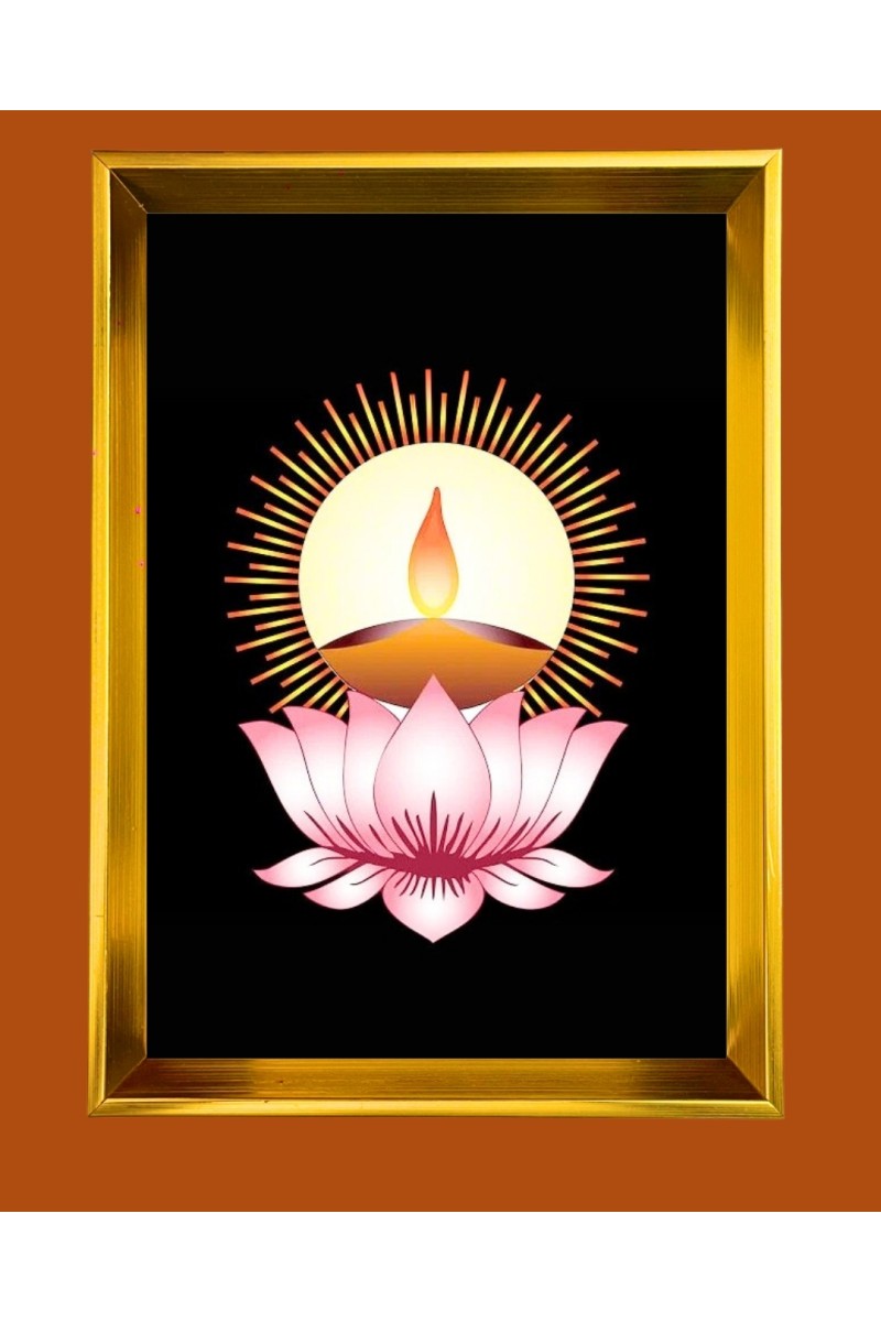 Lotus Flower with Deepam Golden Photo Frame - 10x14 Inches | Elegant Wooden Frame for Home, Office & Temple Decoration | Spiritual Wall & Table Decor and Gift Item