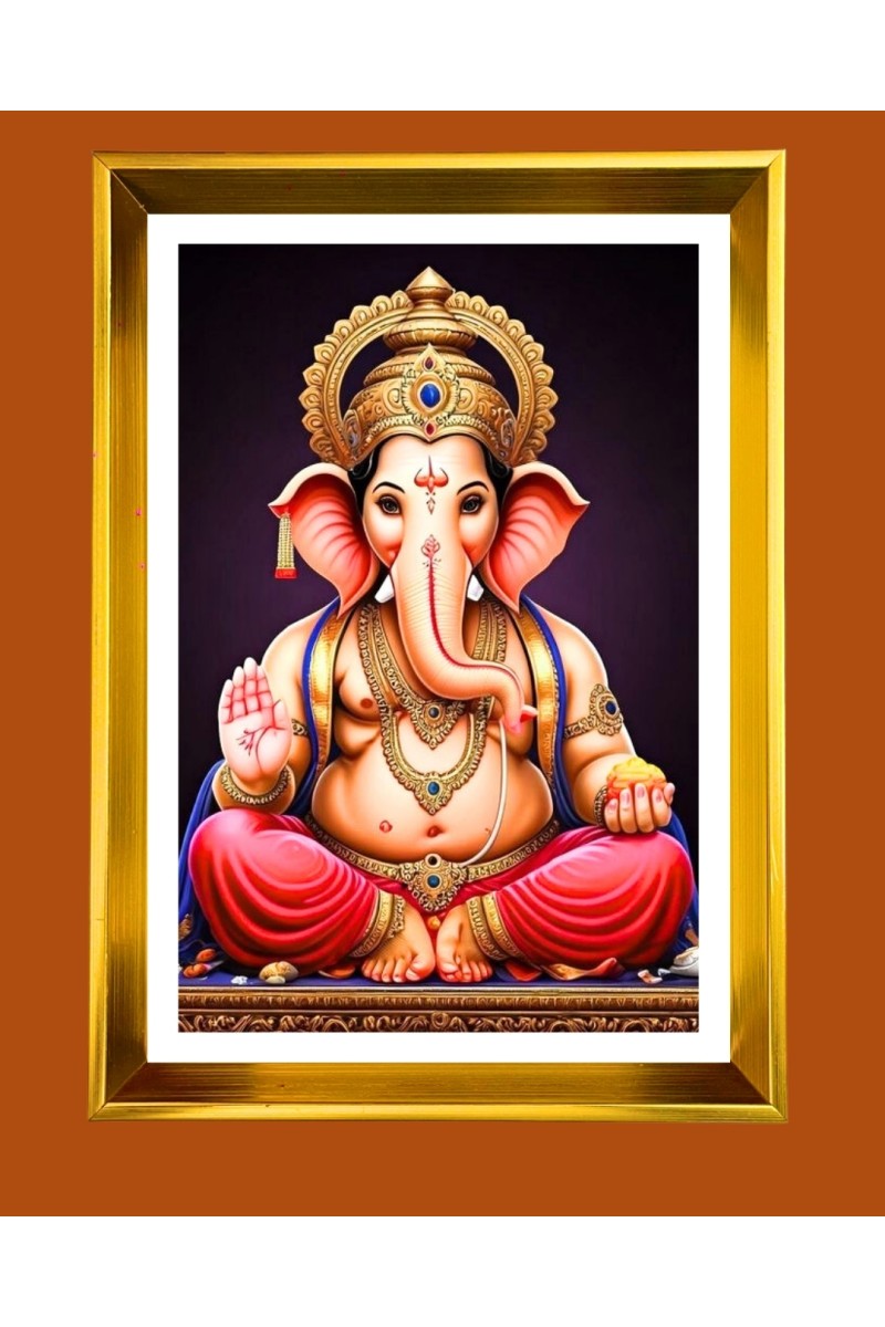 Lord Ganesh Golden Photo Frame - 10x14 Inches | Elegant Wooden Frame for Home, Office & Temple Decoration | Spiritual Wall & Table Decor and Gift Item