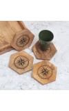 Brown Wooden Coasters Engraved with Compass - Pack of 4
